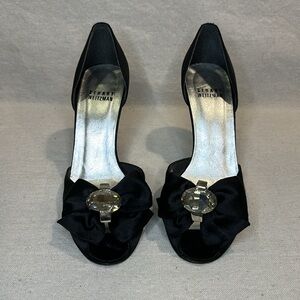 Womens Stuart Weitzman rhinestone black satin peep toe stiletto heels